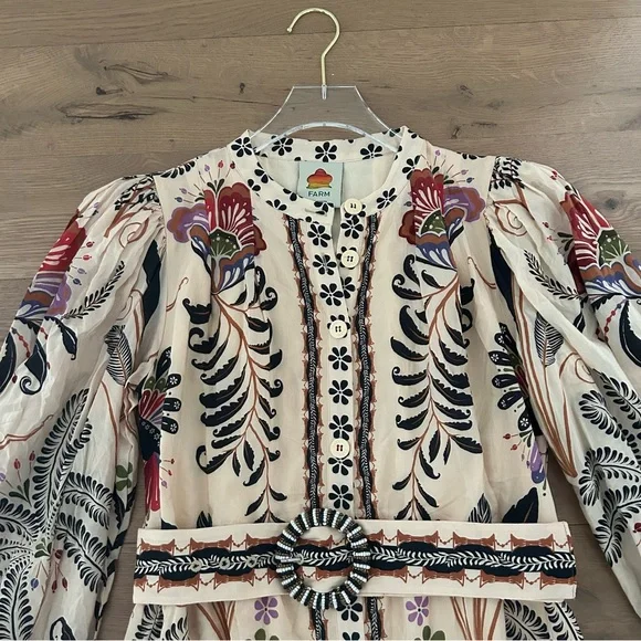 FARM RIO Nature Mini Dress Romantic Bead Belt Maximalist Puff Beige Size Medium - Picture 5 of 16